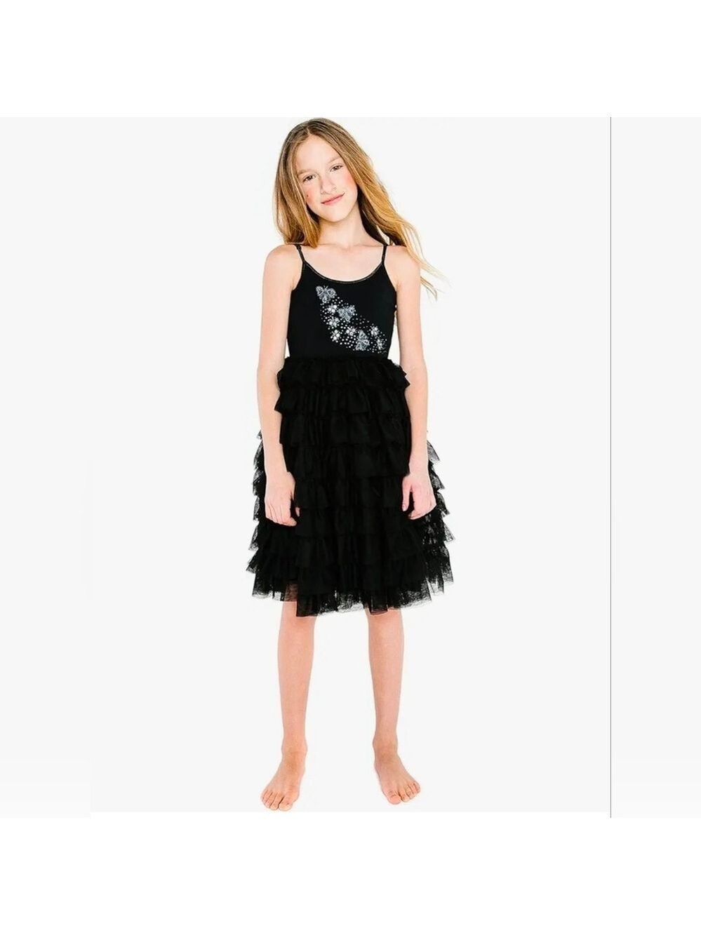 Black Girls Tulle Ruffle Party Dress Beaded Bow Sequin Adjustable Straps Kids 6